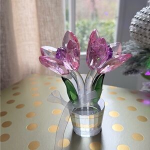 Crystal Pink and Green Flower Ornament crystal tulips bouquet figurine